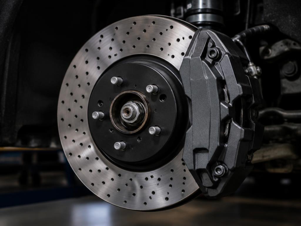 Close-up of a car brake disc and caliper