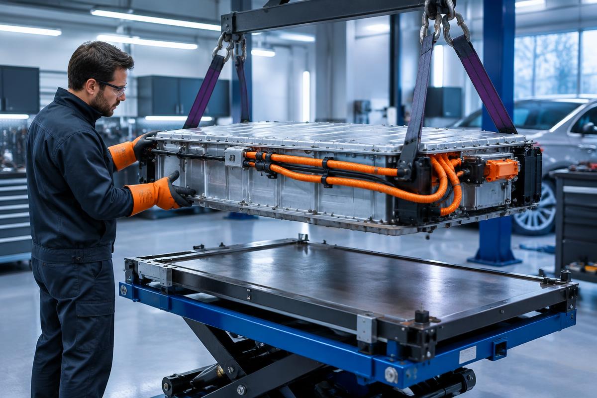 Technician guiding an electric vehicle battery pack onto a lift table