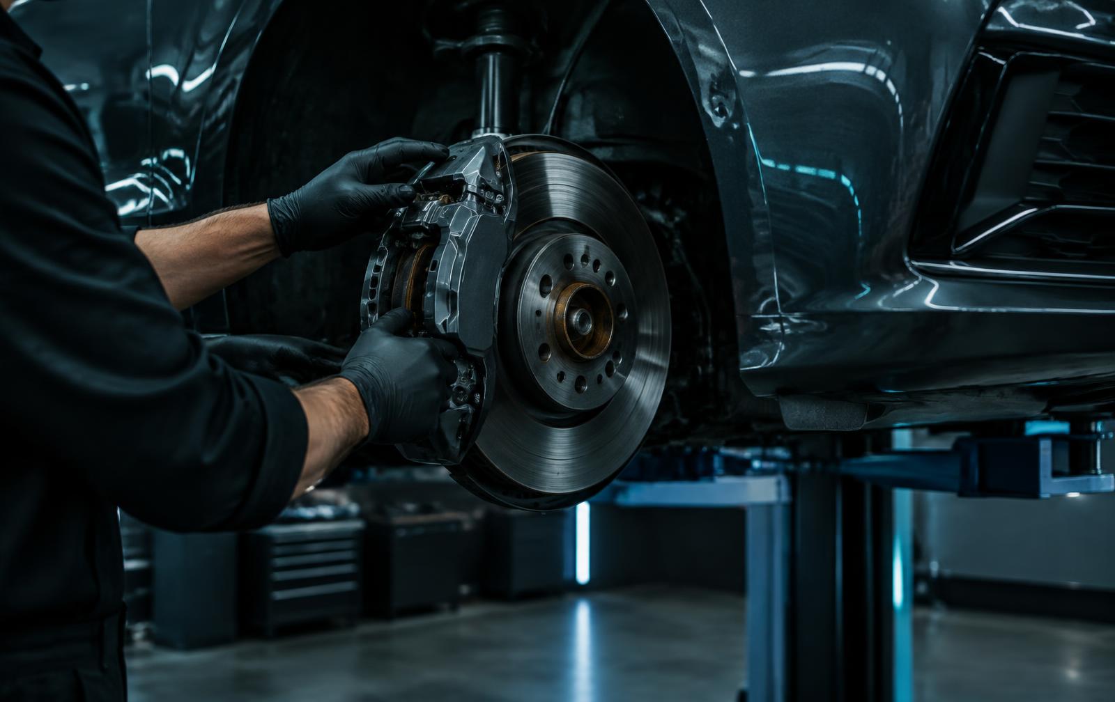 Technician fitting a brake caliper to a car on a workshop ramp