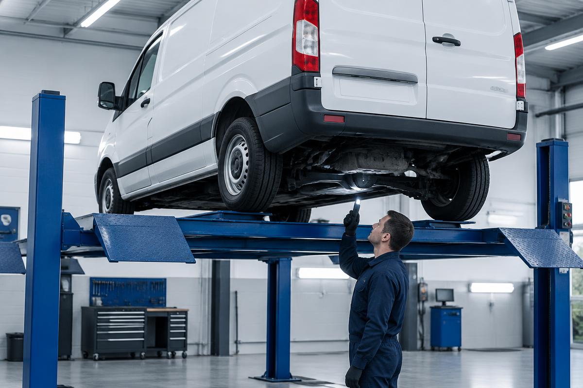 Inspector checking the underside of a van on an MOT ramp